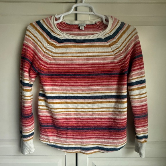 L.L.Bean Sweaters - LL Bean Womens Medium Striped Cotton Raglan Sweater Red Pink Mustard 507326